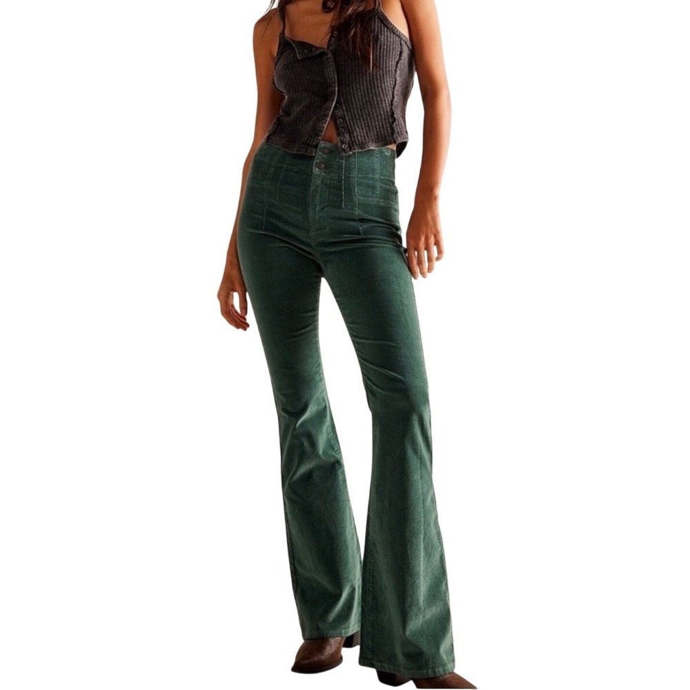 We The Free Jayde Cord Flare Jean Kelp Green Corduroy Pants Size 28 Boho